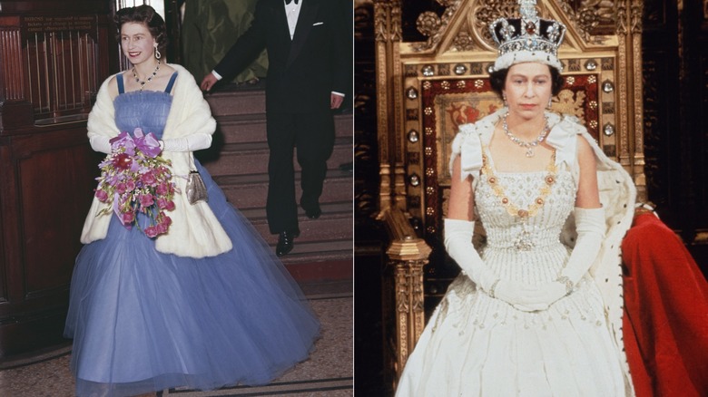 Queen Elizabeth II in the 1960s wearing a formal ballgown with a fur stole, and sitting in parliament with her regalia