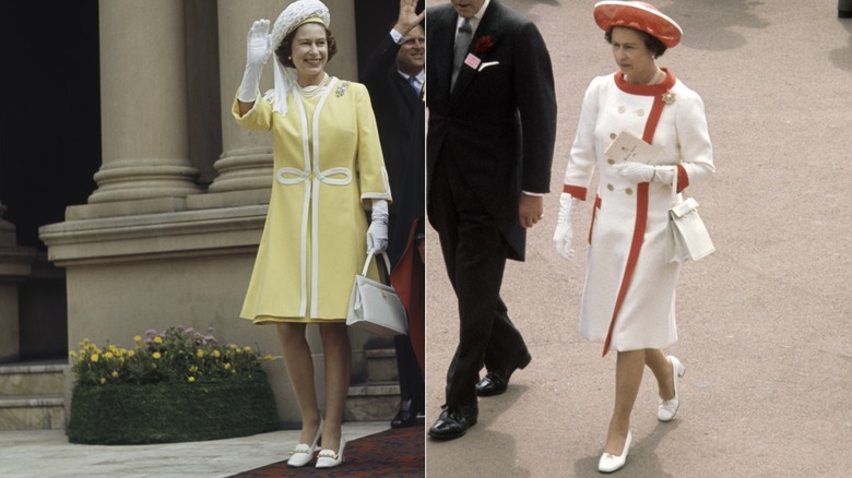 Queen Elizabeth II in a yellow dress and a white-and-red coat dress