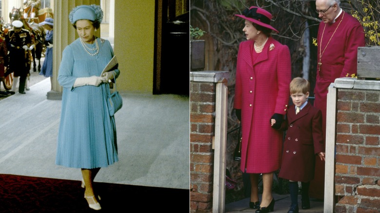 Queen Elizabeth II in a blue dress and a red coat in the 1980s
