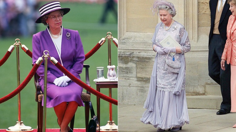Queen Elizabeth II in a purple blazer and skirt, and a lilac dress in the 1990s