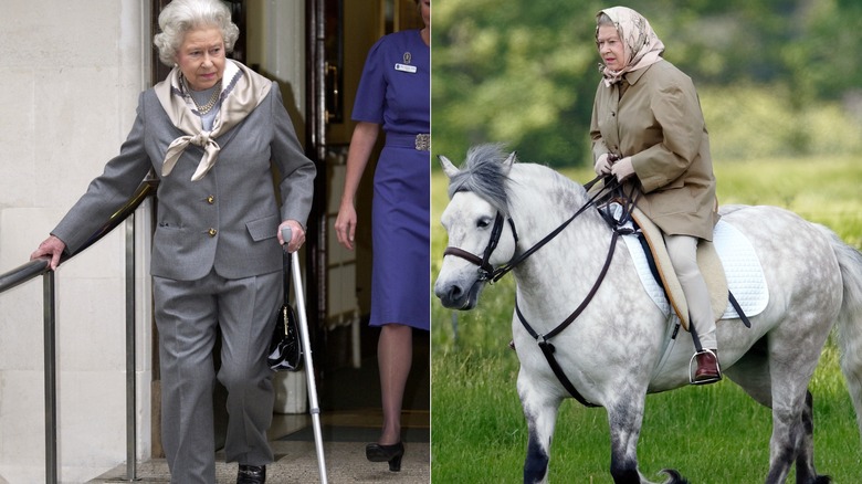 Queen Elizabeth II wearing a gray suit and riding gear in the 2000s