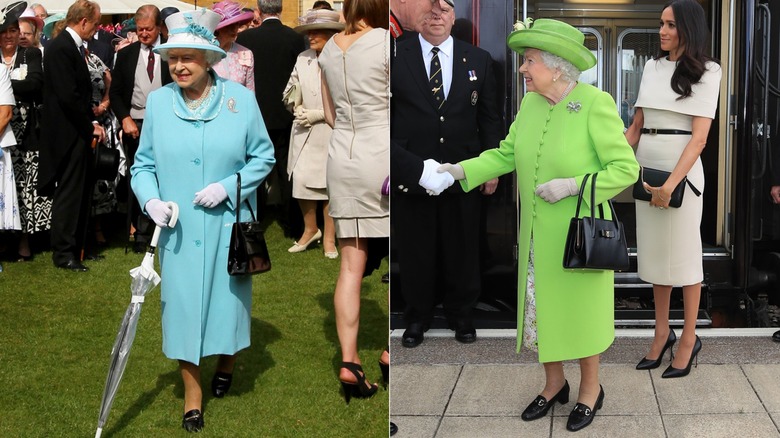 Queen Elizabeth II wearing a blue coat dress and a lime coat in the 2010s