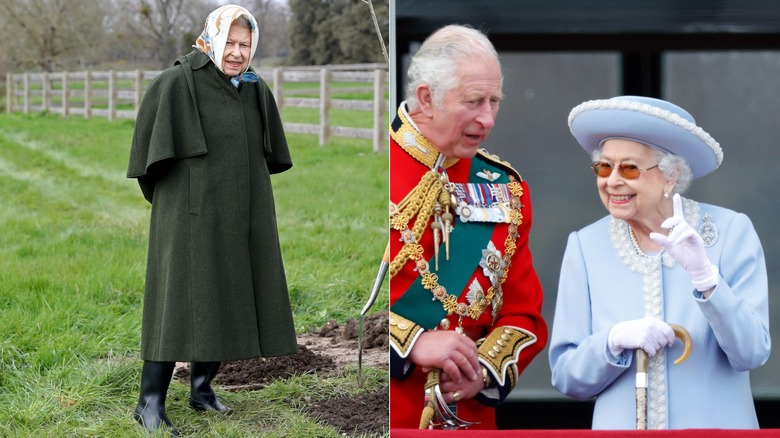 Queen Elizabeth II wearing a green cape and a purple coat and matching hat in the 2020s