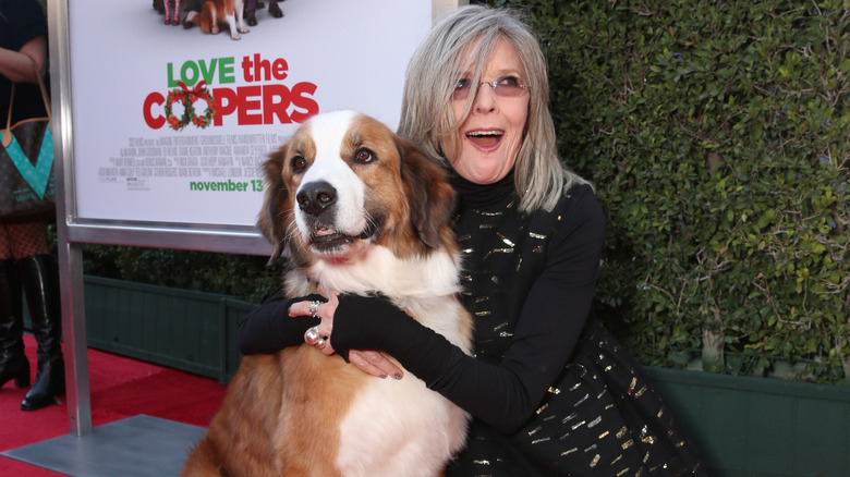 Diane Keaton hugging a dog at the Love the Coopers premiere in 2015.