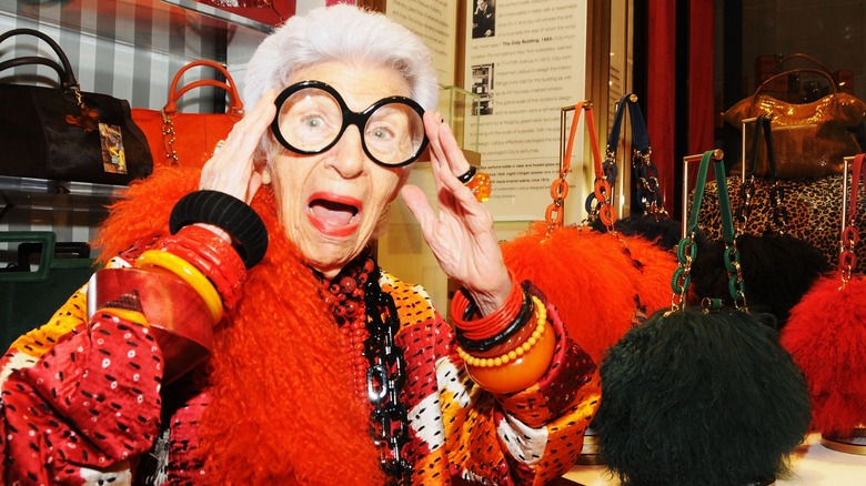 Iris Apfel at the debut of her handbag line in 2018.
