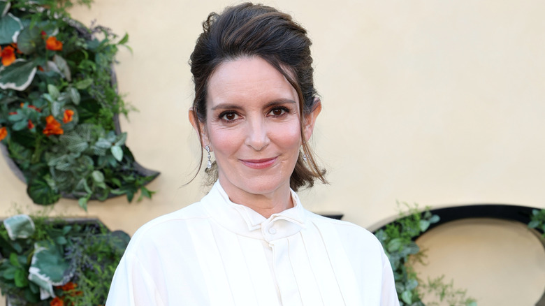 Tina Fey posing with her hair up and drop earrings