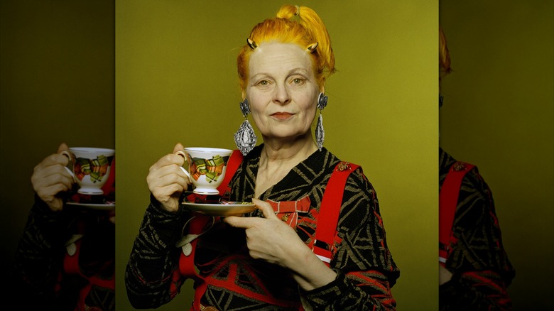 A portrait of Vivienne Westwood holding a cup circa 2005.