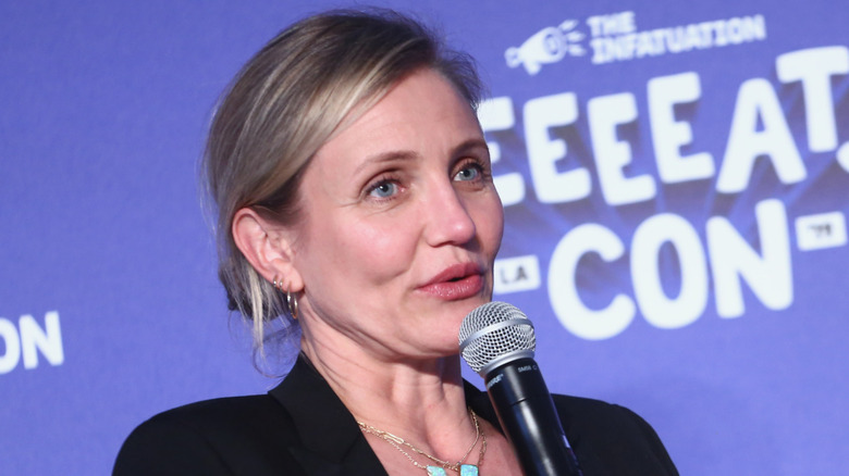 Cameron Diaz speaking onstage at EEEEEatscon 2019 at Barker Hangar