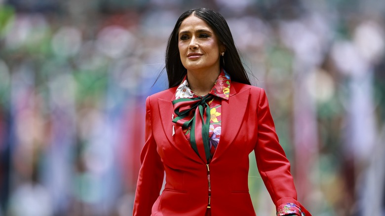 Salma Hayek performs at the Opening Ceremony of the World Cup 2026 match between Mexico and South Africa.