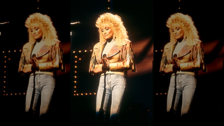 Dolly Parton in a leather jacket and skinny jeans