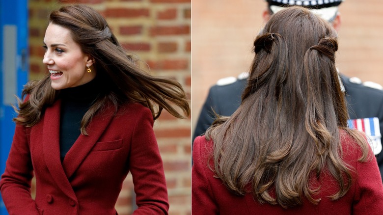 Kate Middleton in a red coat and with straight hair in February 2017