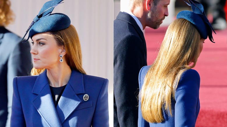 Kate Middleton wearing blue and with straight hair in December 2025