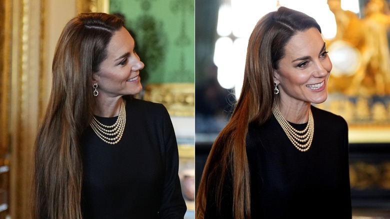 Kate Middleton with straight hair and a statement necklace in December 2025