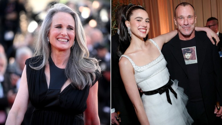 Andie MacDowell posing for cameras at Cannes Film Festival on the left and Paul and Margaret Qualley smiling together on the right