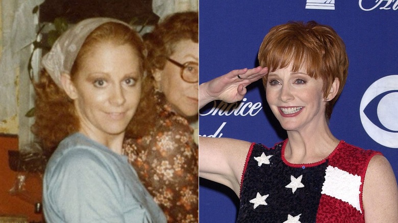 Reba McEntire as a young woman with natural curls and in 2002 with a pixie