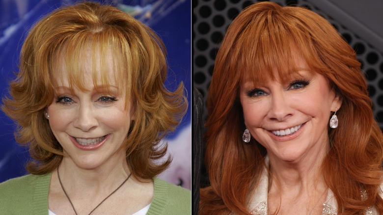 Side-by-side comparison of Reba McEntire's hair in the 2000s and in the 2020s.