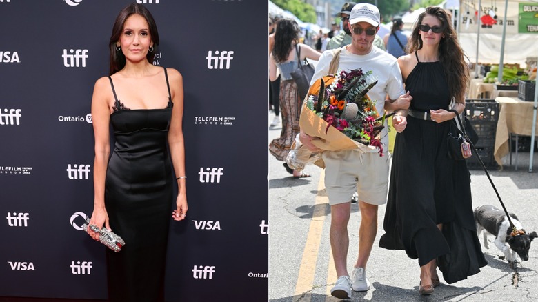 Nina Dobrev wearing a black dress at TIFF 2025 and while walking with Shaun White