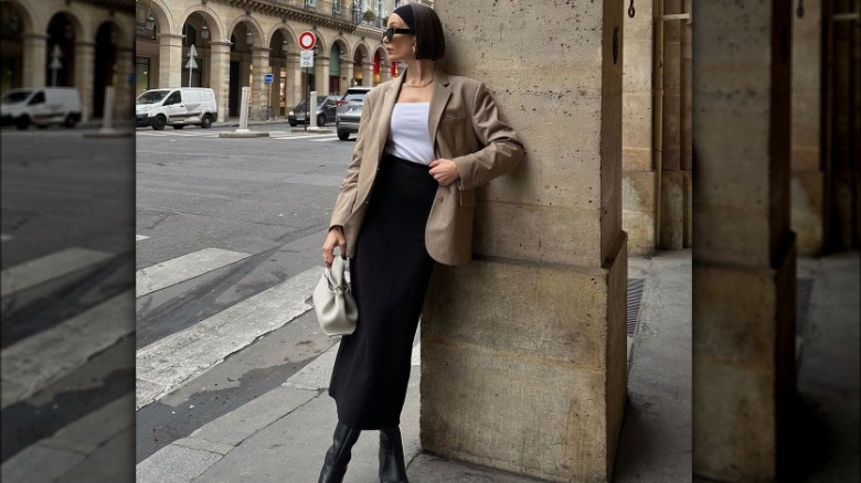 black maxi skirt and blazer