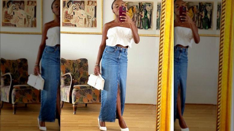 denim maxi skirt outfit