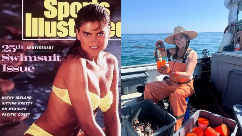 Kathy Ireland in a yellow swimsuit  for the  cover of 1989 Sports Illustrated Issue next to a 2026 photo of her sitting on a boat in the ocean in overalls while fishing