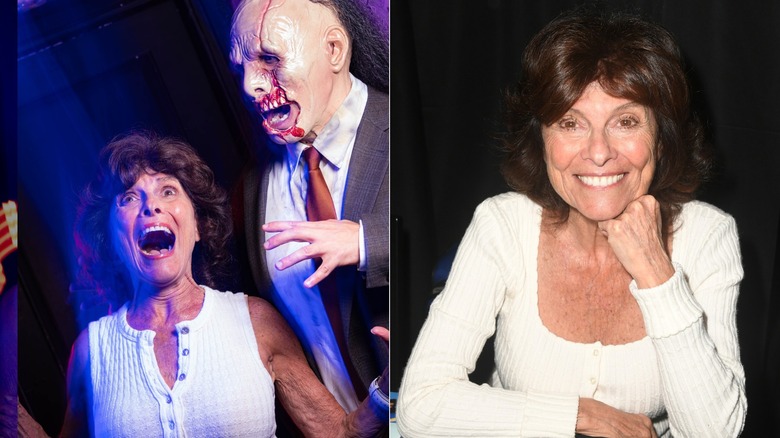 Adrienne Barbeau posing and fake screaming next to a horror comedy show host on the left, and posing with her chin in her hand wearing a white sweater on the right.