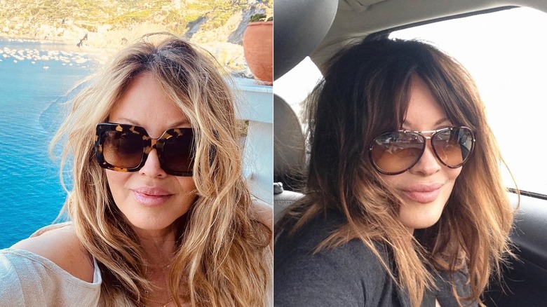 Linda Kozlowski wearing tortoiseshell sunglasses and a white top on a beach balcony on the left and wearing aviator sunglasses with tousled hair on the right.