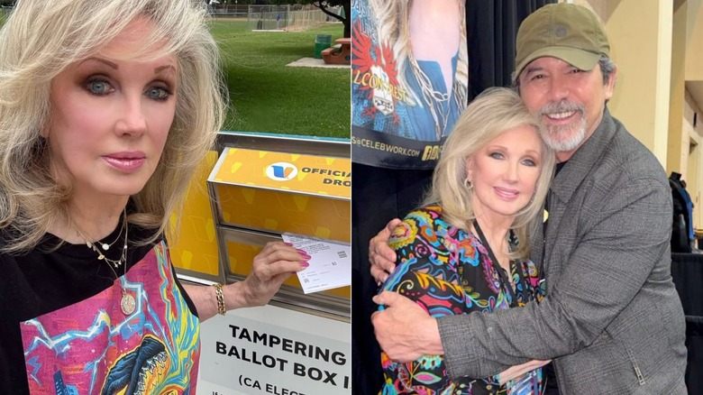 Morgan Fairchild wearing colorful clothing.