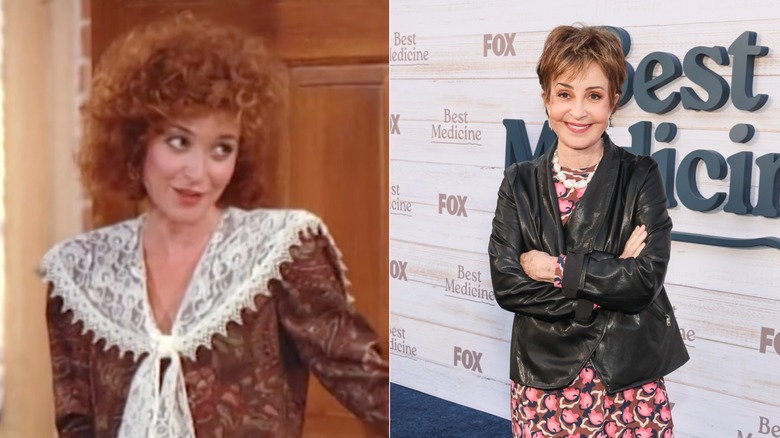 A young Annie Potts with curly ginger hair / An older Annie Potts with a pixie cut and wearing a leather jacket