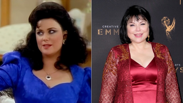 A young Delta Burke wearing a royal blue dress and a voluminous black bouffant / An older Delta Burke wearing a satin red dress