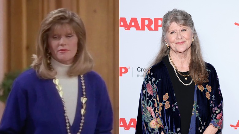 A young Judith Ivey wearing a white turtleneck and purple cardigan / An older Judith Ivey wearing a floral shawl