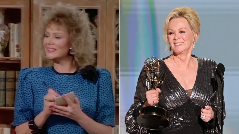 A young Jean Smart wearing a blue dress with a blond bouffant / An older Jean Smart wearing a metallic gown