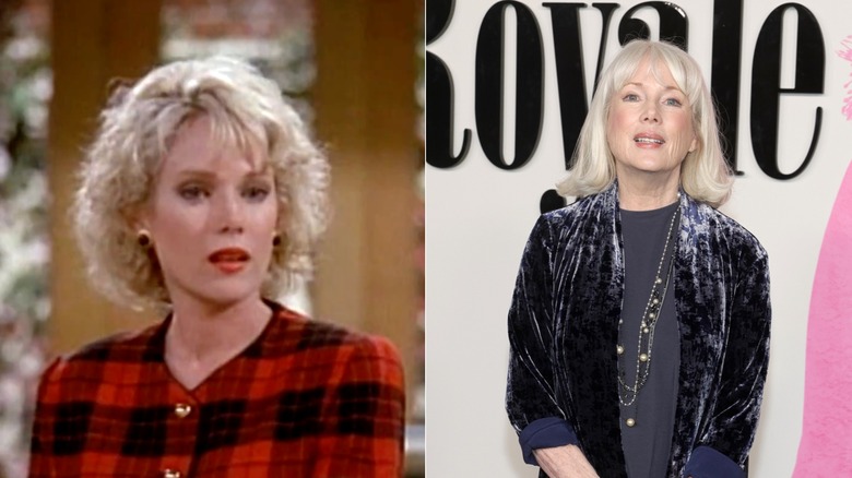 A young Julia Duffy with messy and short blond hair / An older Julia Duffy with white hair and a straight bob