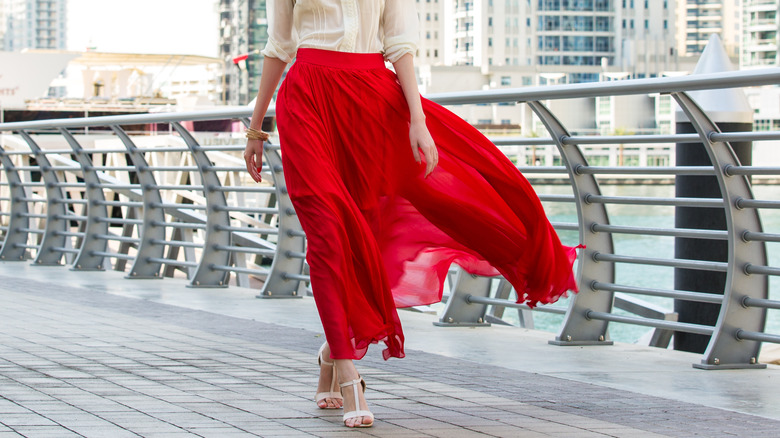 woman in Red maxi skirt