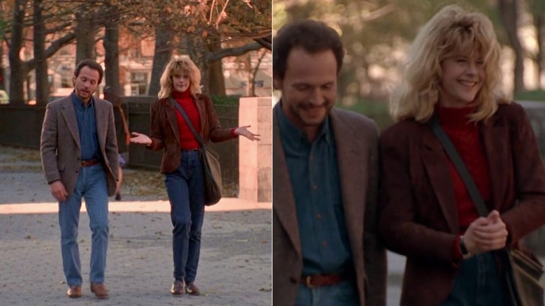 Side by side of Harry and Sally walking together in "When Harry Met Sally"