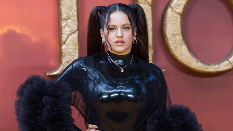 Rosalía wearing a black skin-tight latex outfit at the premiere of 