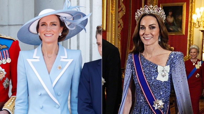Left: Kate Middleton wears a hat during Trooping the Colour 2026. Right: Kate Middleton wears a tiara to a state banquet in December 2025.