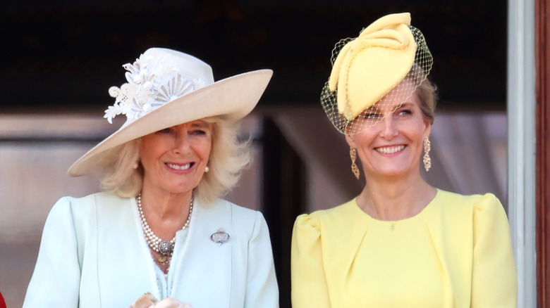 Queen Camilla and Sophie, Duchess of Wessex smile together at an official event