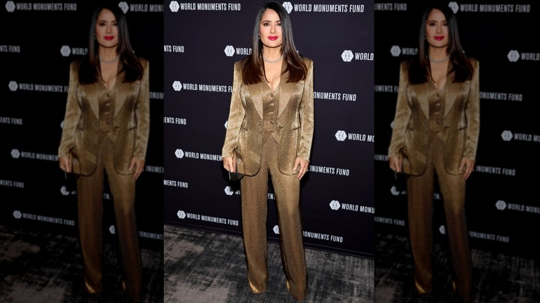 Salma Hayek attends World Monuments Fund's 34th annual Hadrian Gala in New York City in October 2023