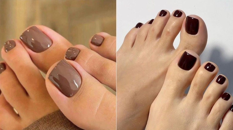 Pedicure with milk chocolate-brown toenail polish on the left, and a pedicure with dark chocolate-brown toenail polish on the right.