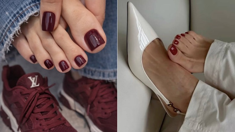 Close-up shot of a person wearing jeans with burgundy nail polish on the left and a person with wine-red nail polish wearing one white shoe on the right.