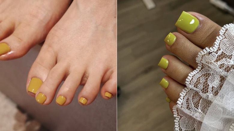 Close up of feet with mustard yellow toenail polish on the left, and a foot covered with white lace and pea-green toenail polish