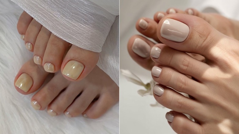 Cole up shot of a person's feet with pearly tan nail polish on the left and a pedicure with light tan nail polish on the right.