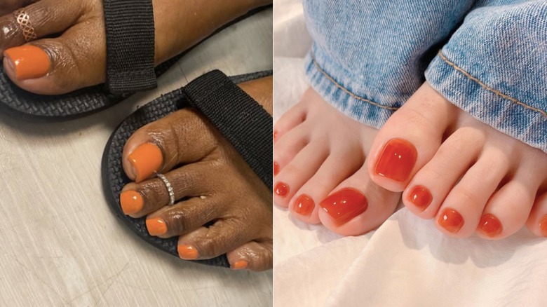 Person wearing black sandals with burnt-orange toenail polish on the left and a person wearing jeans with amber-colored toenail polish on the right.