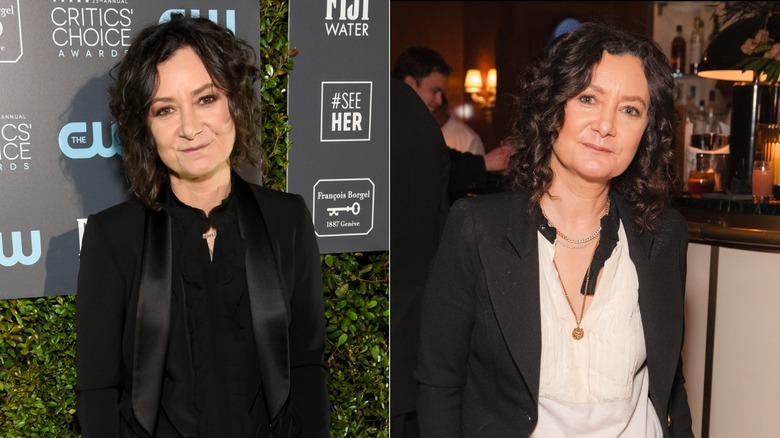 Sara Gilbert wearing a black jacket