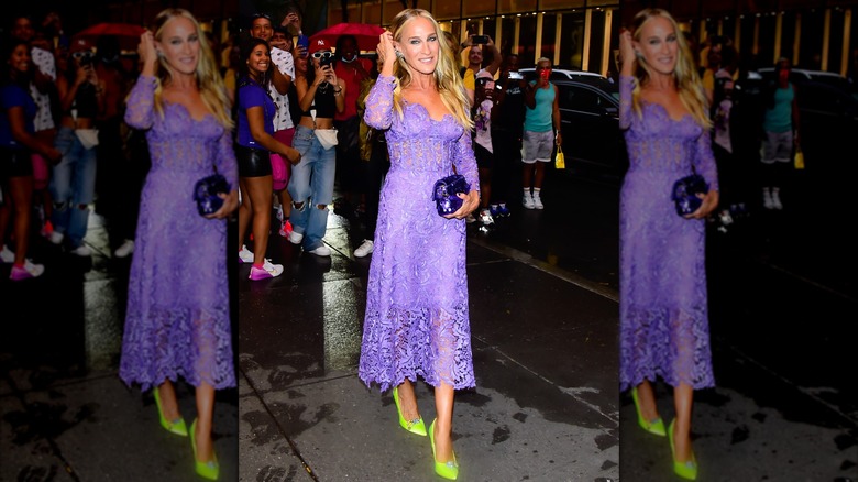 Sarah Jessica Parker wearing a purple lace dress to the 2023 Daily Front Row Fashion Media Awards
