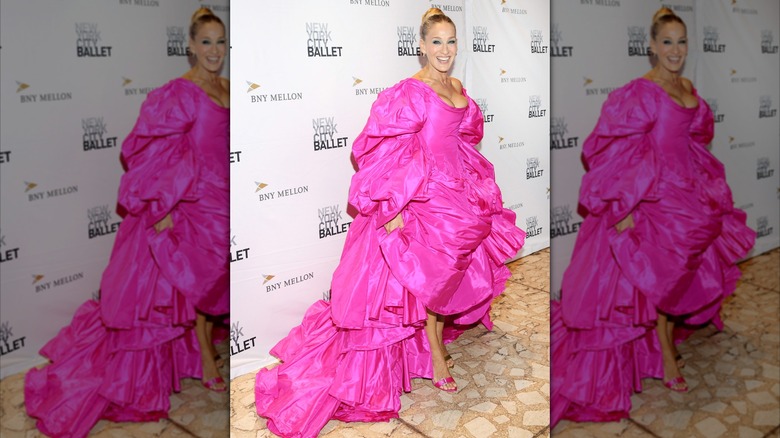 Sarah Jessica Parker wearing a hot pink gown to the New York City Ballet Fall Fashion Gala in 2019