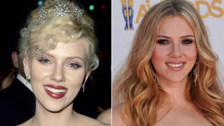 Scarlett Johansson wearing chic hairstyles that flatter her face shape in 2005 and 2010