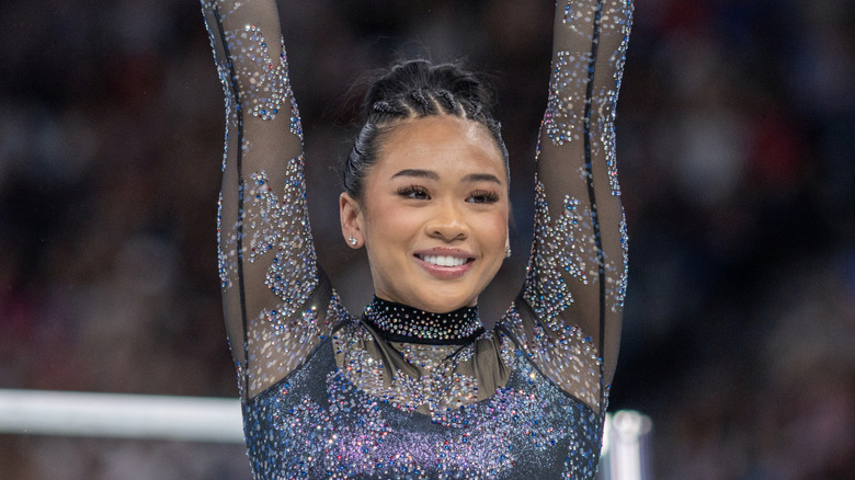 Suni Lee crystal leotard braids