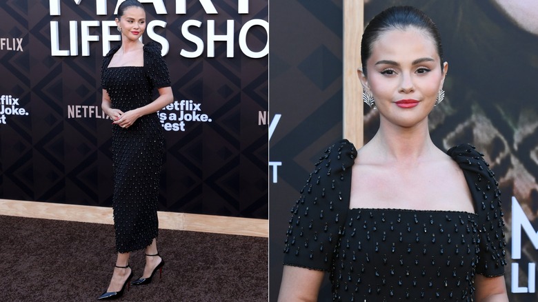 Selena Gomez wearing a beaded black Carolina Herrera dress at the premiere of "Marty, Life is Short" in 2026