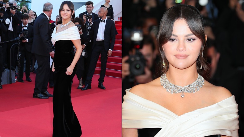 Selena Gomez in a black-and-white Saint Laurent dress at the 2024 Cannes Film Festival